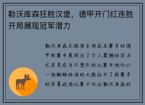 勒沃库森狂胜汉堡，德甲开门红连胜开局展现冠军潜力