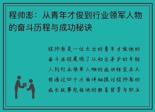 程帅澎：从青年才俊到行业领军人物的奋斗历程与成功秘诀