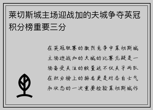 莱切斯城主场迎战加的夫城争夺英冠积分榜重要三分