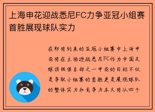 上海申花迎战悉尼FC力争亚冠小组赛首胜展现球队实力