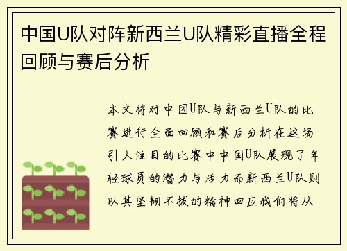 中国U队对阵新西兰U队精彩直播全程回顾与赛后分析