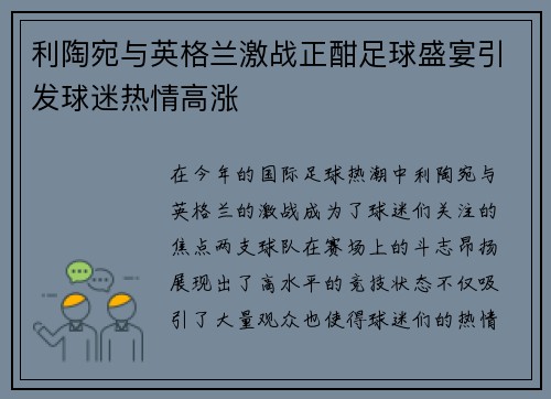 利陶宛与英格兰激战正酣足球盛宴引发球迷热情高涨