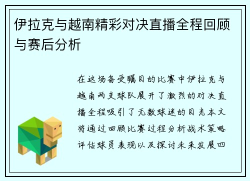 伊拉克与越南精彩对决直播全程回顾与赛后分析